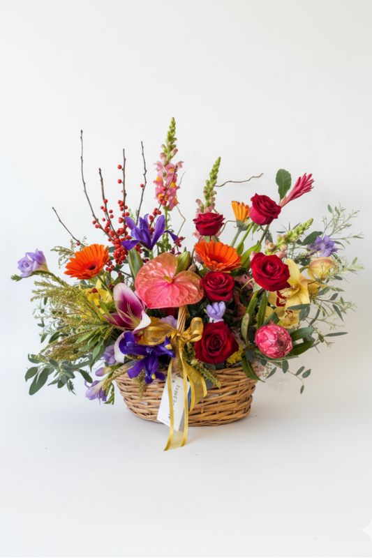 Colorful flower arrangement in a wicker basket on a white background