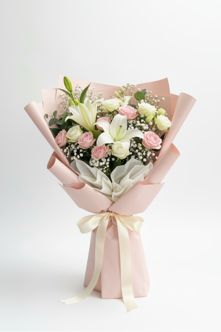 Bouquet of flowers wrapped in pink paper with a yellow ribbon on a white background