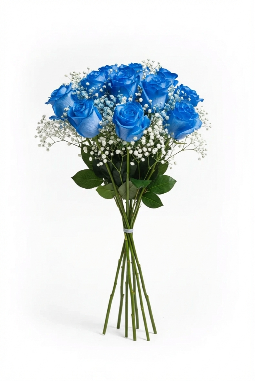 Bouquet of blue roses with green leaves on a white background