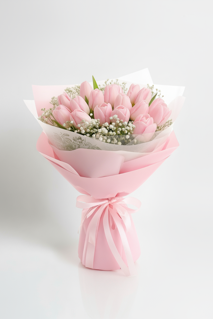 Bouquet of pink tulips wrapped in pink paper on a white background